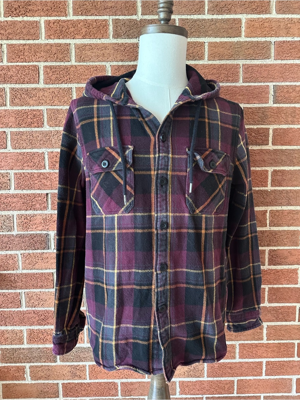 Express Flannel Hooded Shirt Jacket Mens L Purple Black Plaid Button Up Shacket